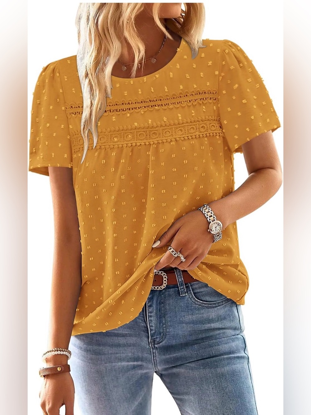 Swiss Dot Lace Yoke Short Sleeve Blouse - Mustard